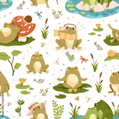 Cute frog and toad characters pattern. Seamless kids background with funny amphibian animals in pond, nature. Repeating print with happy froggies. Childish colored flat vector illustration for fabric