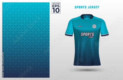 Blue t-shirt sport design template with geometric meta balls pattern for soccer jersey. Sport uniform in front view. Tshirt mock up for sport club. Vector Illustration