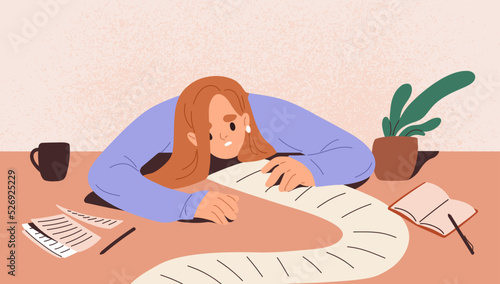 Busy person with long to-do list, big paper plan. Unhappy tired overloaded overwhelmed character with many difficult tasks, businesses. Multitasking, exhaustion concept. Flat vector illustration