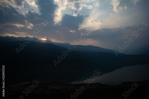 Sunrise view of Tehri mountains. Scenery sunrise over Tehri Lake, Uttarakhand. Tehri Dam, the tallest dam in India and Tehri dam is Asia's largest man-made lake.