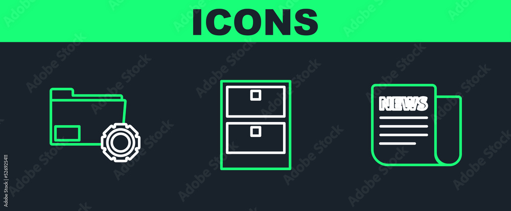 Set line News, Folder settings with gears and Archive papers drawer icon. Vector Set line News, Folder settings with gears and Archive papers drawer icon. Vector