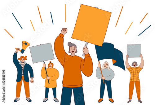 A young man with placard, supporting the protests. On the background there are different protesting people with loudspeakers, placards, flag. Flat design colorful illustration isolated on white.