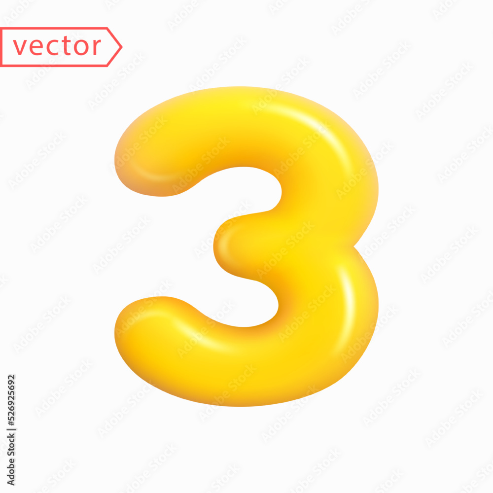 Number 3. Number Three Sign in yellow color. Realistic shiny 3D balloon in cartoon style design. Object isolated on white background. 3D symbol vector illustration Number 3. Number Three Sign in yellow color. Realistic shiny 3D balloon in cartoon style design. Object isolated on white background. 3D symbol vector illustration