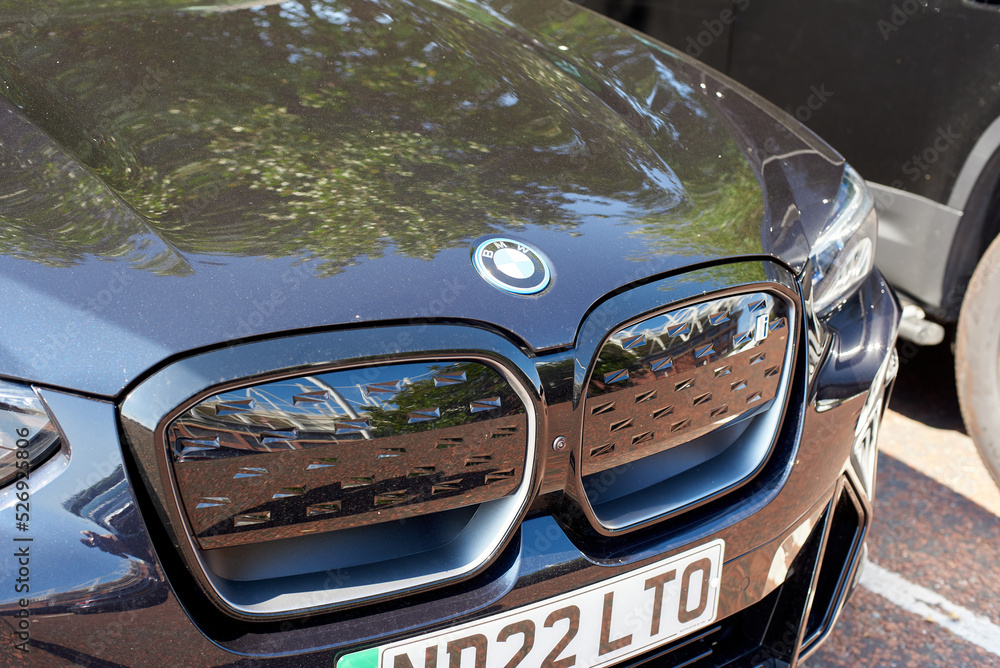 UK, Newcastle, 27 August 2022: Radiator grille of electric crossover ...