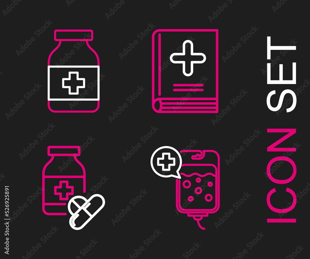 Set line IV bag, Medicine bottle and pills, Medical book and icon. Vector Set line IV bag, Medicine bottle and pills, Medical book and icon. Vector