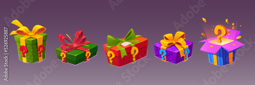 Mystery boxes, secret gifts with surprise. Signs of prize with question mark. Concept of unknown presents, parcels with ribbon bow and open box with magic light and gold confetti, vector cartoon set