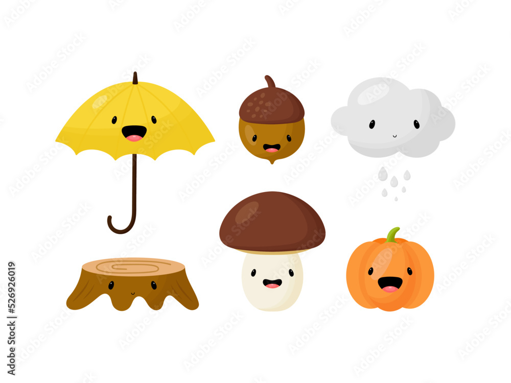 Cartoon Autumn set. Vector illustration. Cute umbrella, nut, mushroom, cloud, pumpkin, stump. Good for cards, icon, stickers, prints etc. Cartoon Autumn set. Vector illustration. Cute umbrella, nut, mushroom, cloud, pumpkin, stump. Good for cards, icon, stickers, prints etc.