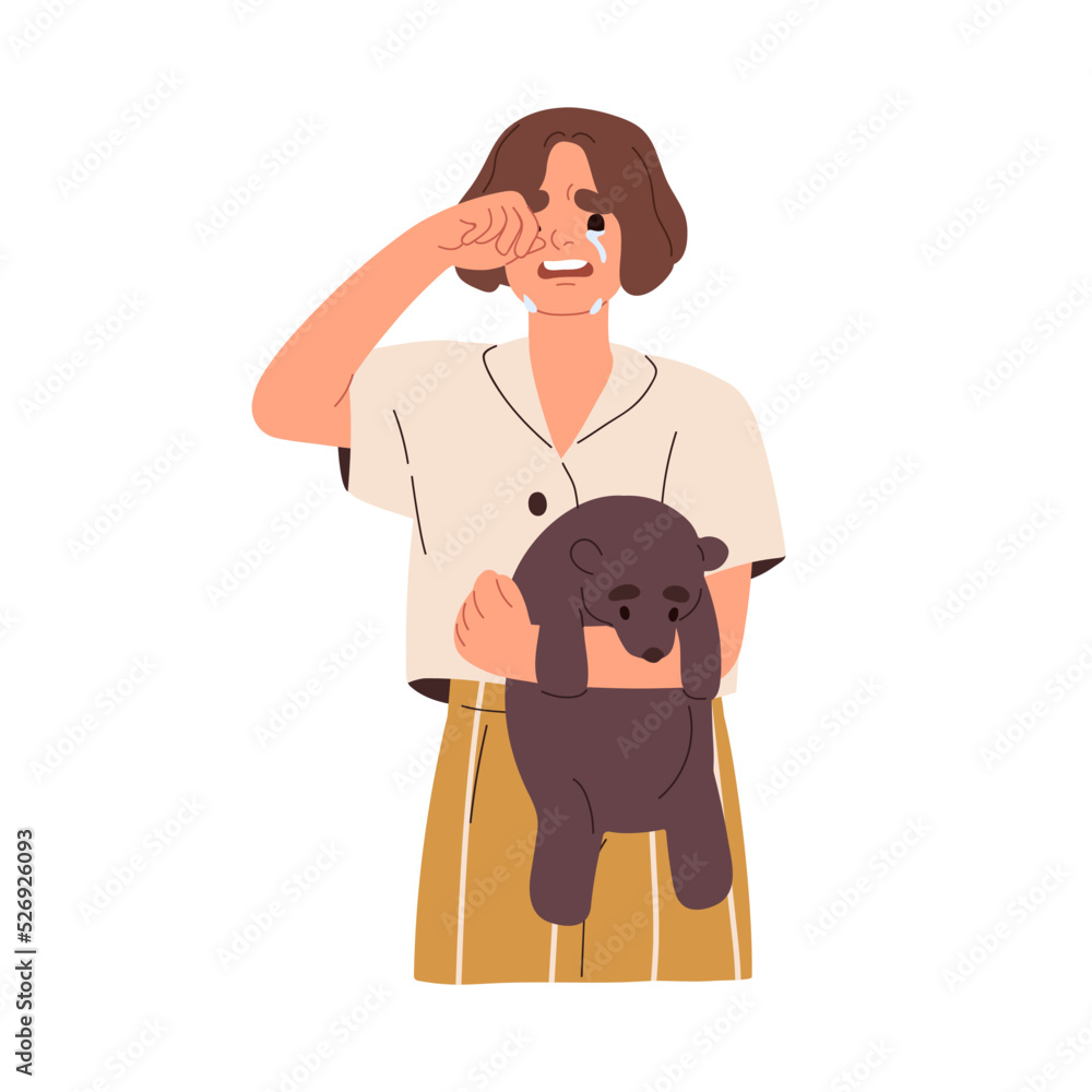 Lost child crying. Sad sobbing girl wiping tears with hand, holding teddy bear toy. Unhappy upset kid weeping, feeling grief, despair. Flat graphic vector illustration isolated on white background