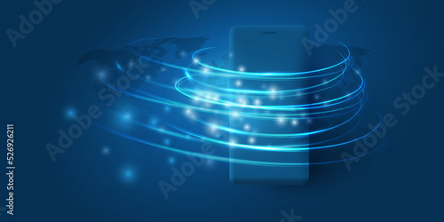 Dark Abstract Blue Minimal Style Cloud Computing, Mobile Networks, Global Telecommunications Concept Design, Network Nodes on World Map and Around a Mobile Device - Creative Vector Illustration