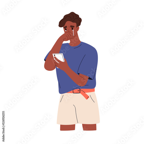 Upset man crying while reading bad news, messages online in mobile phone. Desperate unhappy person in grief, despair, feeling compassion, sorrow. Flat vector illustration isolated on white background