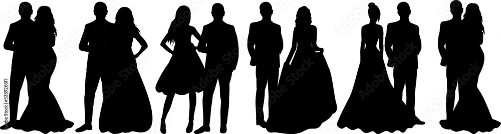 set of bride and groom silhouette isolated, vector