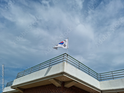 
Taegeukgi waving in the blue sky.