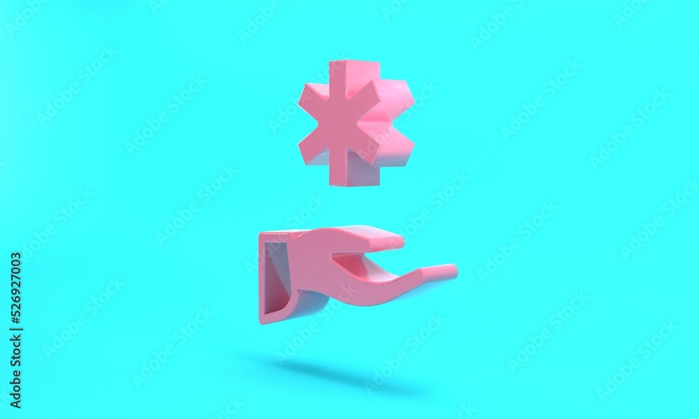 Obraz premium Pink Cross hospital medical icon isolated on turquoise blue background. First aid. Diagnostics symbol. Medicine and pharmacy sign. Minimalism concept. 3D render illustration