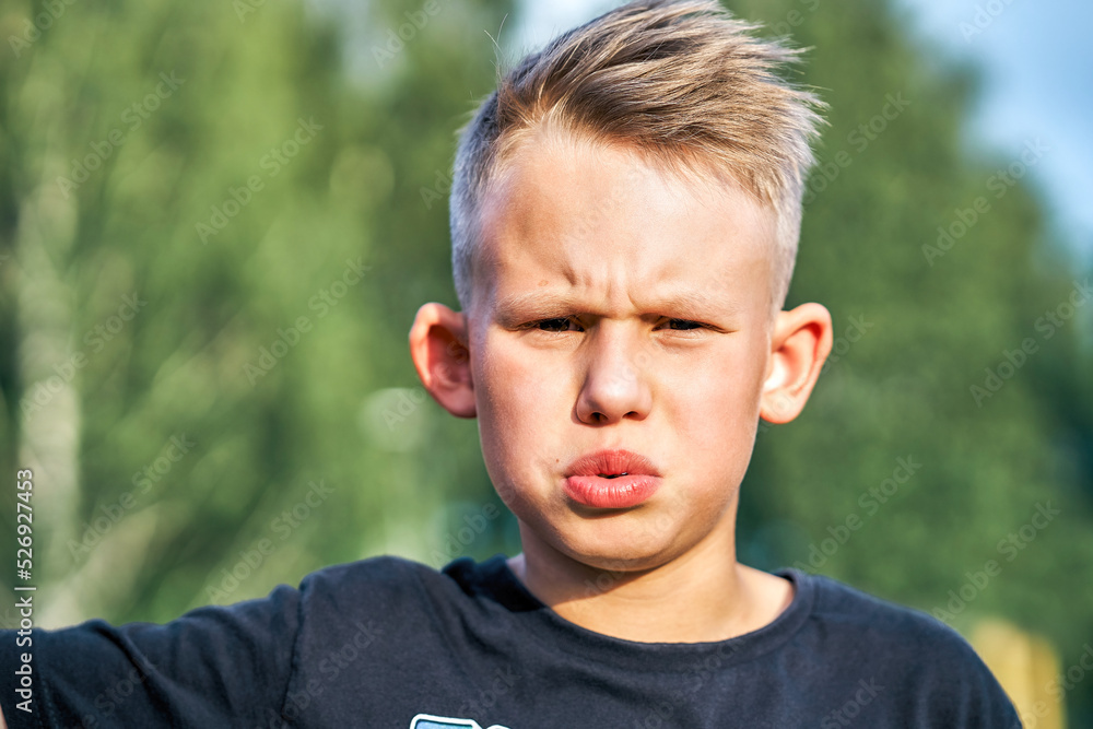 Frustrated little schoolboy with short hairstyle posing for camera on blurred green sunny summer city park extreme closeup Frustrated little schoolboy with short hairstyle posing for camera on blurred green sunny summer city park extreme closeup
