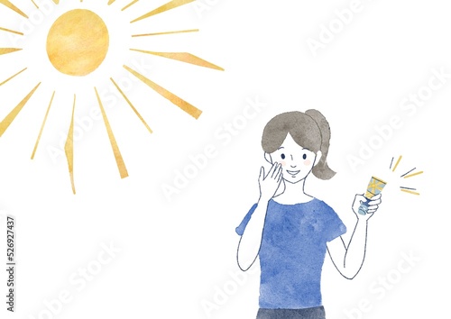 日焼け止めを塗る女性のイラスト