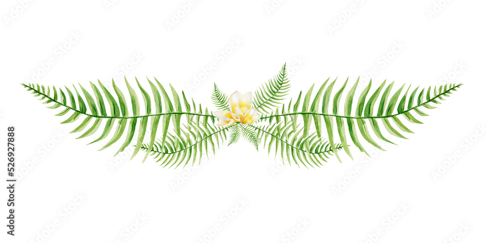 Fern leaves and flower watercolor frame border. Template for decorating designs and illustrations. - obrazy, fototapety, plakaty 