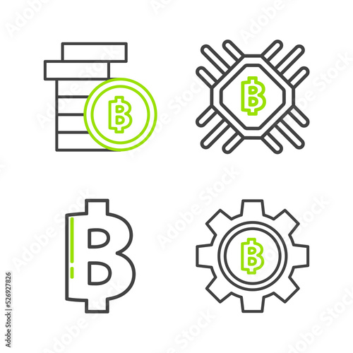 Set line Cryptocurrency coin Bitcoin, CPU mining farm and icon. Vector