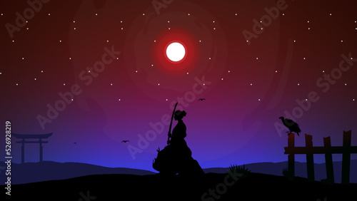 lady samurai. silhouette of a samurai in the night background. woman silhouette. Japanese samurai warrior with a sword. Samurai walpaper. japan theme background. 