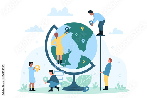 Global navigation, expansion strategy with tiny people. Cartoon persons holding pin points to mark places for international travel, way to landmark on globe flat vector illustration. Tourism concept