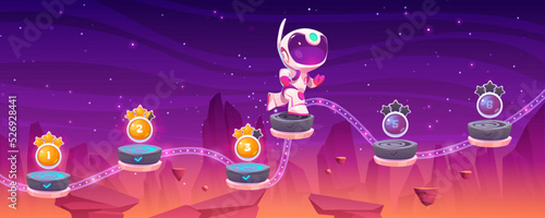 Level map for cosmic game with little astronaut run on flying platforms with numbers of stages. Futuristic alien planet landscape and cute spaceman, vector cartoon illustration