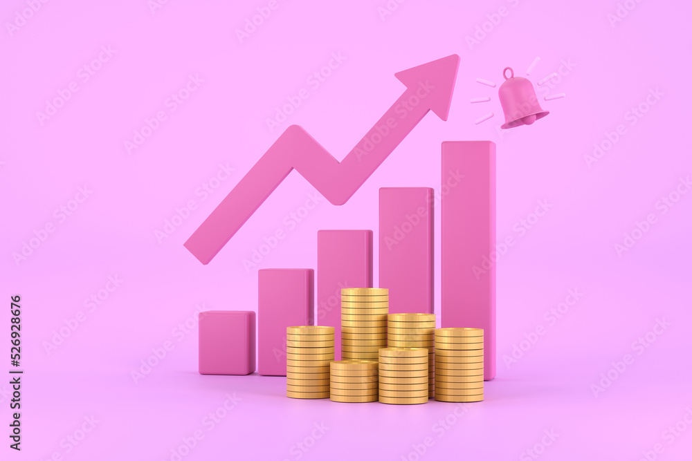 pink rising arrow and profit bar graph with multiple arrangements of coins. pink rising arrow and profit bar graph with multiple arrangements of coins.