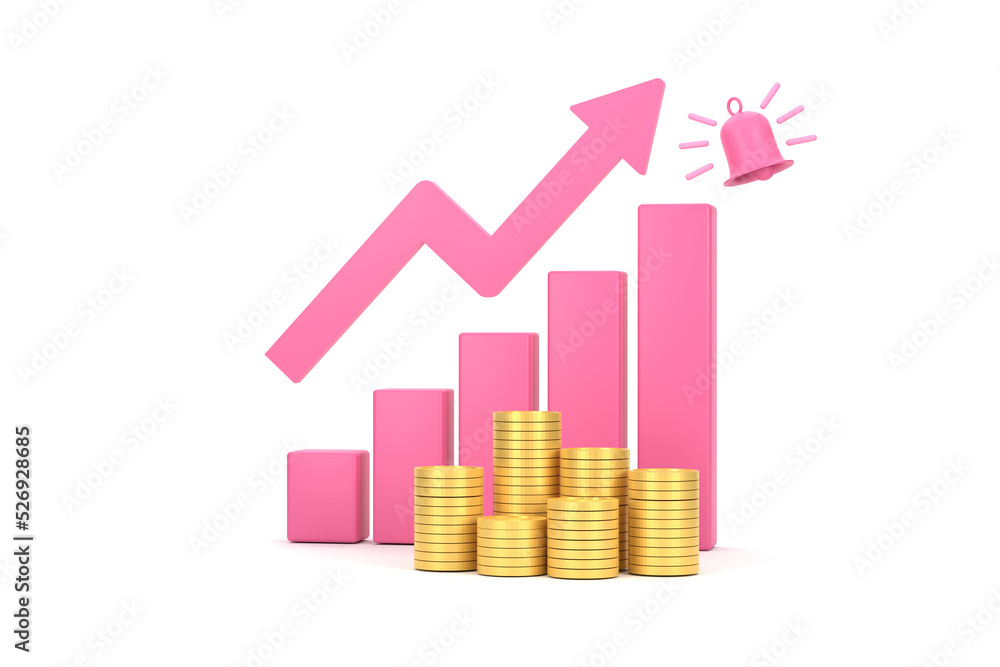 pink rising arrow and profit bar graph with multiple arrangements of coins. pink rising arrow and profit bar graph with multiple arrangements of coins.