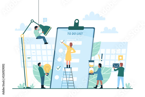 To do check list and tiny business people work on prioritizing and important goals management. Cartoon corporate person planning agenda task and project on clipboard checklist flat vector illustration