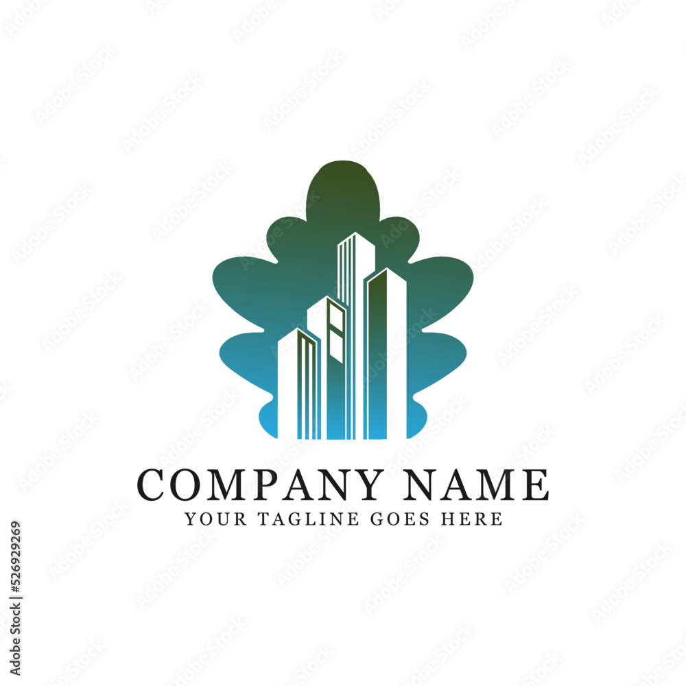 Green Apartment logo design with oak leaf, best for construction, real estate, skyscraper and business company logo template Green Apartment logo design with oak leaf, best for construction, real estate, skyscraper and business company logo template