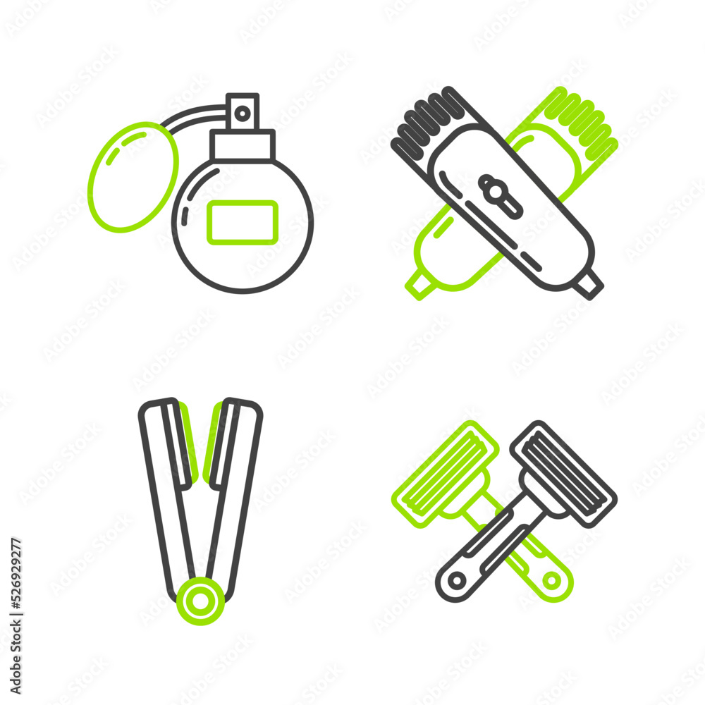 Set line Crossed shaving razor, Curling iron for hair, electrical clipper shaver and Aftershave icon. Vector Set line Crossed shaving razor, Curling iron for hair, electrical clipper shaver and Aftershave icon. Vector