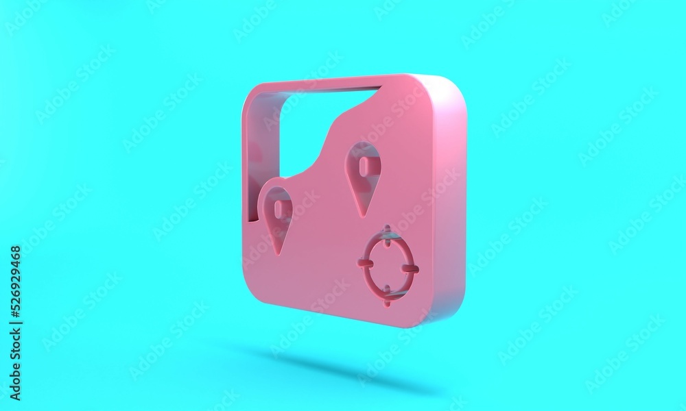 Pink Location fishing icon isolated on turquoise blue background. Fishing place. Minimalism concept. 3D render illustration