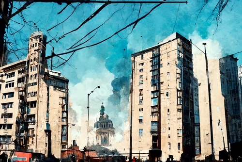 CG illustration depicting a town destroyed by war.