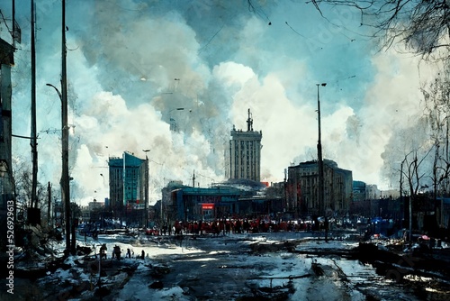 CG illustration depicting a town destroyed by war.