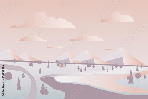 Beautiful landscape with a rustic house, abstract minimalistic illustration. Beautiful country house with garden and forest. Cartoon vector illustrations. Design for web design development.