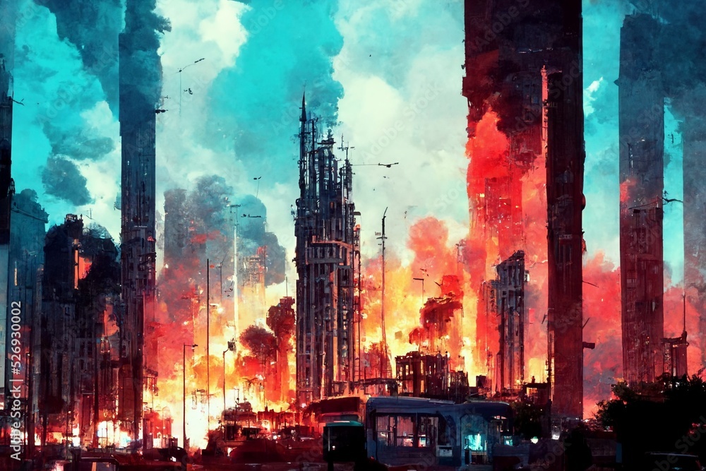 Fototapeta premium Illustration of a city burning in a large fire.