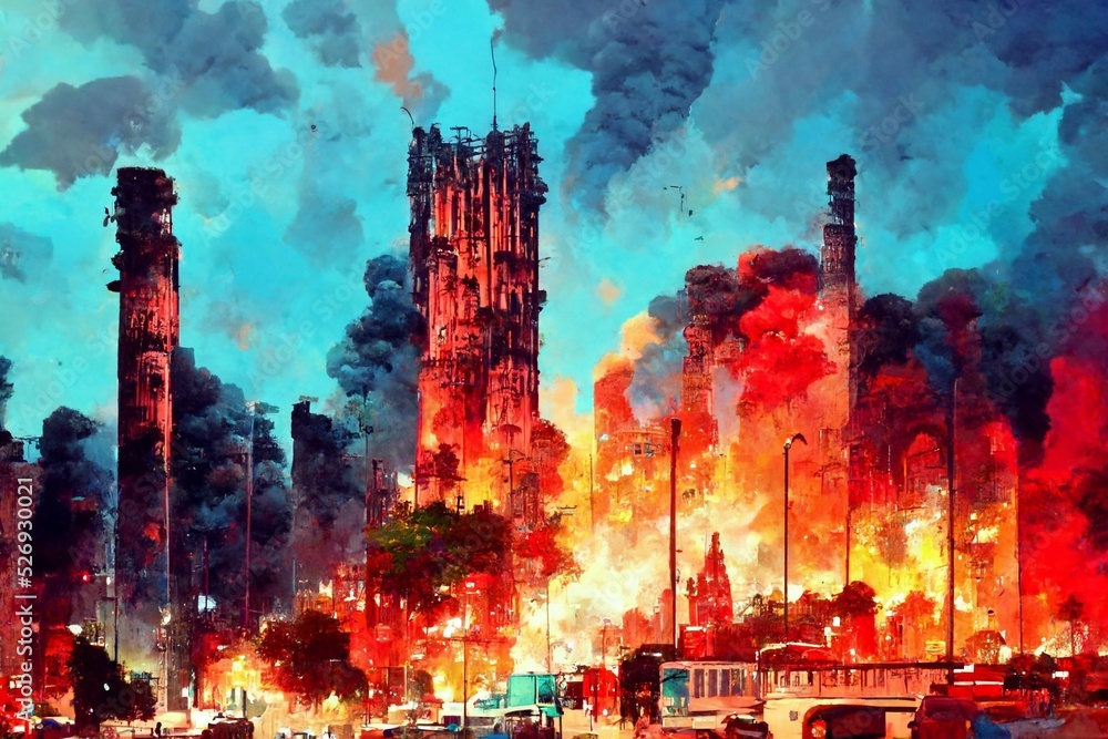 Illustration of a city on fire in a large scale.