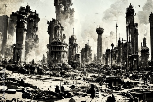 CG-illustration of a town destroyed by war.