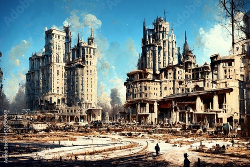CG-illustration depicting a town destroyed by war.
