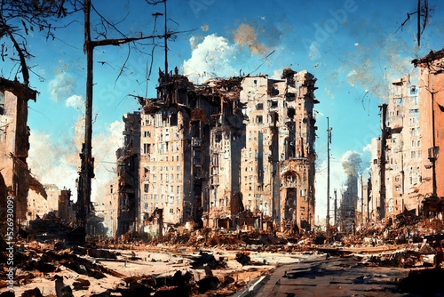 CG illustration depicting a town destroyed by war.