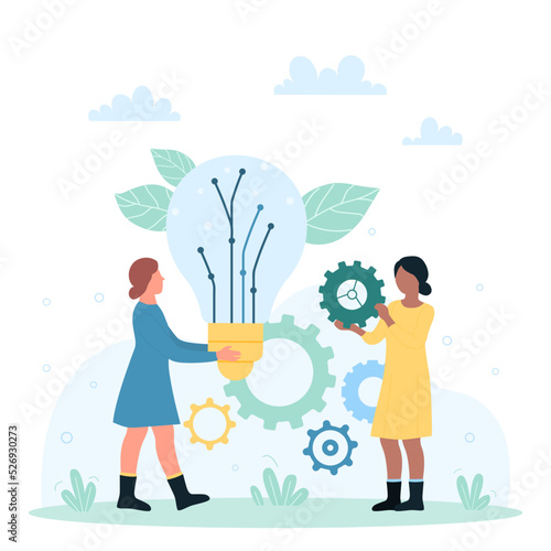 Ingenuity, success solution, innovation and creative suggestion vector illustration. Cartoon tiny people holding light bulb and gear, teamwork of characters for study and development of business ideas