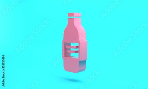 Pink Glass bottle of vodka icon isolated on turquoise blue background. Minimalism concept. 3D render illustration