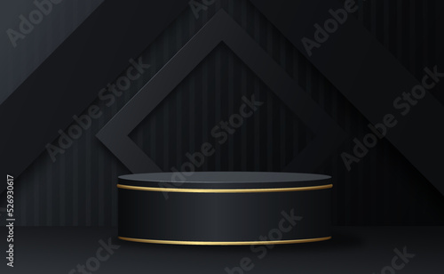 Fotografia Realistic 3d cylinder pedestal  golden podium with black background