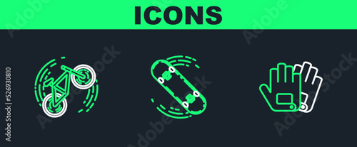 Set line Gloves, Bicycle trick and Skateboard icon. Vector