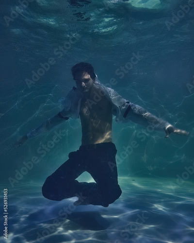 young man in a white shirt and trousers underwater in the pool