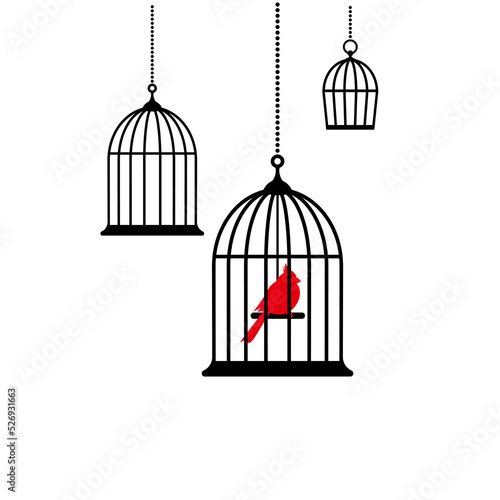 Locked cages with red bird icon. Trap, imprisonment, jail concept.