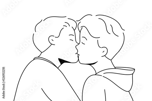 Gay couple kissing showing love and affection. Homosexual men demonstrate relationships. LGBT community, freedom of rights. Vector illustration. 