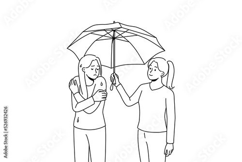 Happy caring woman help unhappy wet friend share umbrella. Smiling attentive female show support to upset girl on rain on street. Vector illustration. 