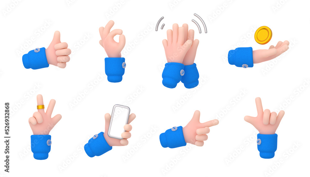 3d render hand gestures clap, ok, peace, thumb up, holding coin and smartphone, pointing with index finger and rock. Isolated human palm gesticulations, Rendering illustration in cartoon plastic style 3d render hand gestures clap, ok, peace, thumb up, holding coin and smartphone, pointing with index finger and rock. Isolated human palm gesticulations, Rendering illustration in cartoon plastic style