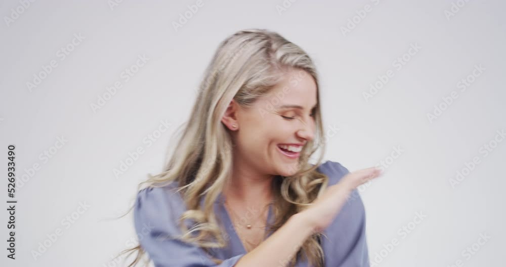 Dance, party and music with a woman dancer moving with a smile and having fun in studio against a gray background. Motivation, dancing and free with a young female dancing and feeling positive