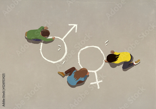 View from above kids drawing gender symbols with sidewalk chalk
