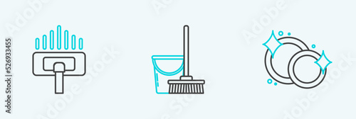Set line Washing dishes, Vacuum cleaner and Mop and bucket icon. Vector